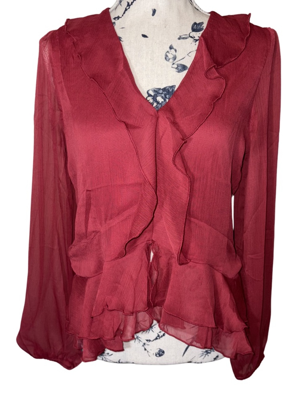 NWT Autres Filles Burgundy Chiffon Ruffle Blouse Lined Size Small